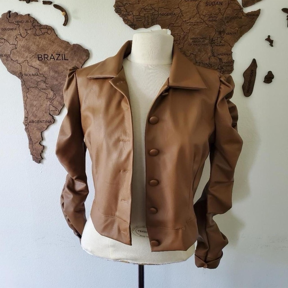 Dee Dee Brown Faux Leather Jacket Womens Large Puff Sleeve‎ Cropped